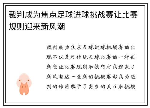 裁判成为焦点足球进球挑战赛让比赛规则迎来新风潮