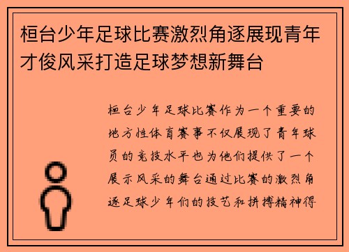 桓台少年足球比赛激烈角逐展现青年才俊风采打造足球梦想新舞台